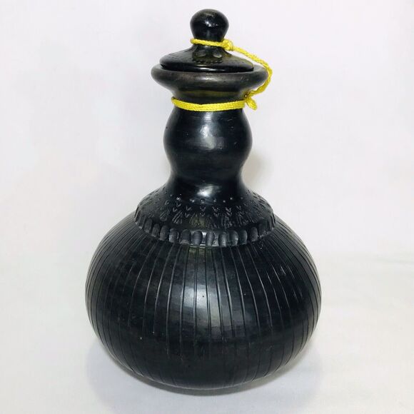 Handcrafted Black Clay Labu Sayong Water Bottle Drinking Gourd Malaysia 5.5” - Picture 1 of 5